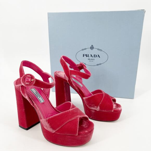 Prada Pink Velvet Crisscross Platform Block Heel Ankle Strap Sandals size IT 36 - Picture 1 of 13
